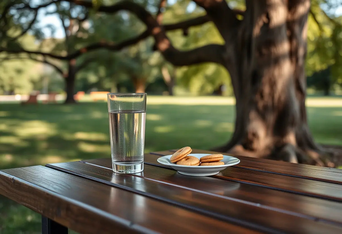 Un petit plateau de biscuits et un verre d'eau sur une table en bois à l'extérieur