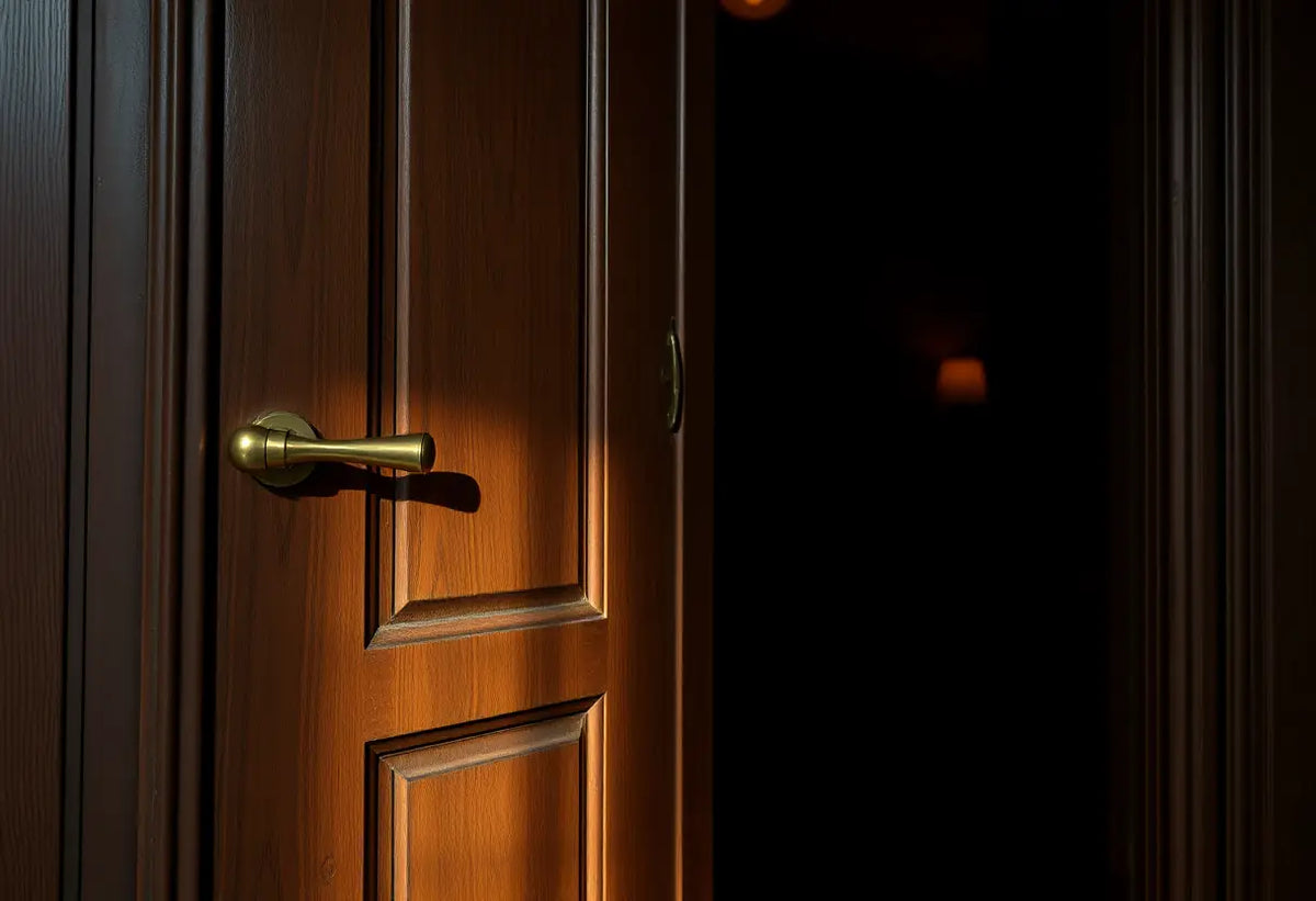 Porte en bois partiellement ouverte menant à un espace intime