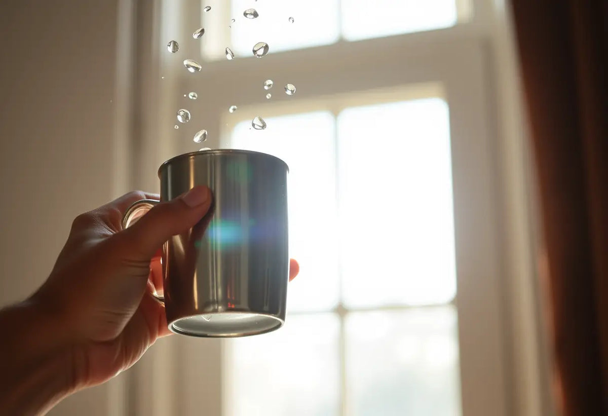 Mains dans une tasse d'eau sous la lumière du soleil