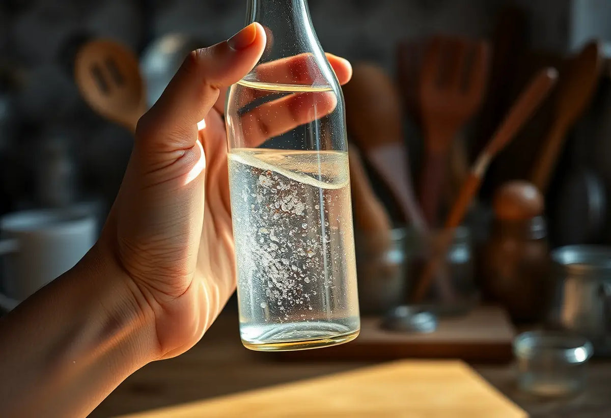 Une main tenant une bouteille de verre contenant un lubrifiant