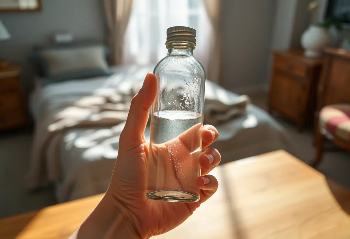 Une main tenant une bouteille en verre contenant un lubrifiant, dans une chambre