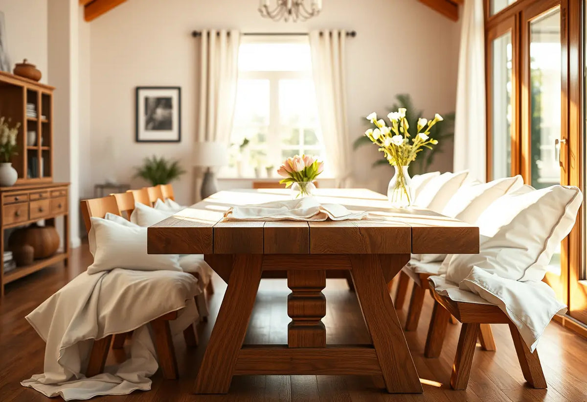 Table de repas couverte de serviettes blanches et de coussins dans une pièce lumineuse, liée à l'article sur la conception