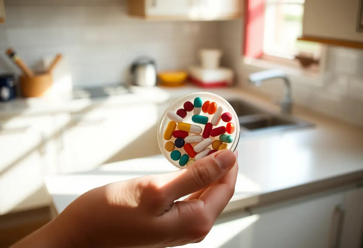 Main de femme tenant un contenant de comprimés contraceptifs dans une cuisine