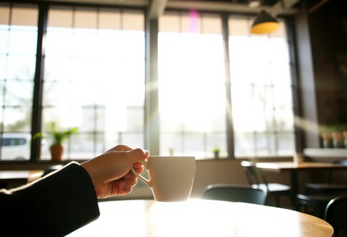 Une main tenant une tasse de café dans un café bien éclairé