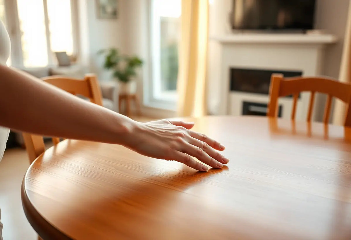 Main de femme sur une table ronde en bois, représentant soutien et confort durant la grossesse