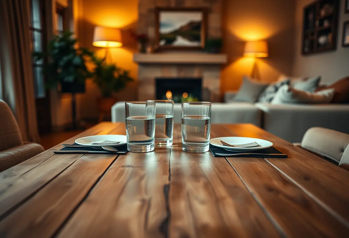 Un bureau en bois avec deux verres d'eau dans un salon accueillant