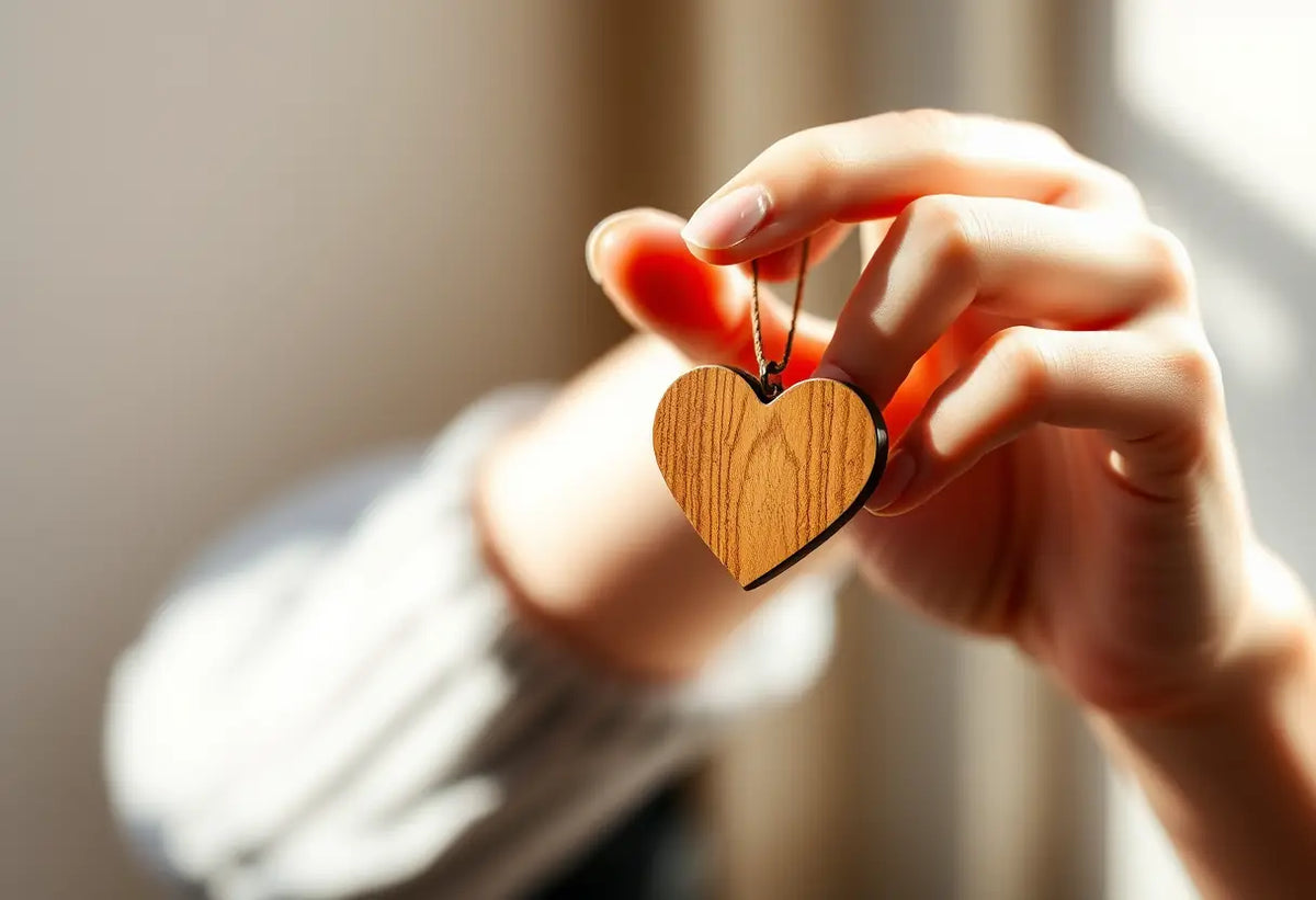 Main de femme tenant un pendentif en forme de cœur en bois