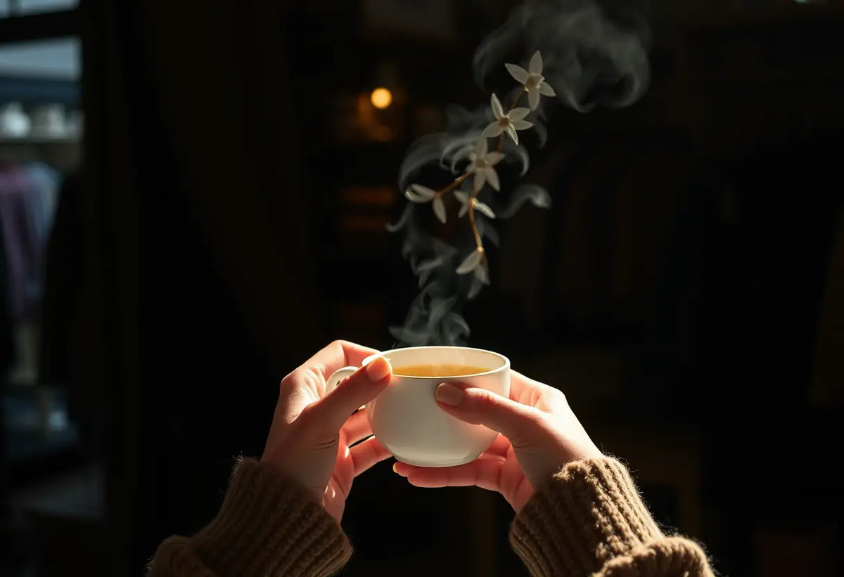 Deux mains tenant une tasse de thé chaud dans un coin éclairé, créant une ambiance chaleureuse