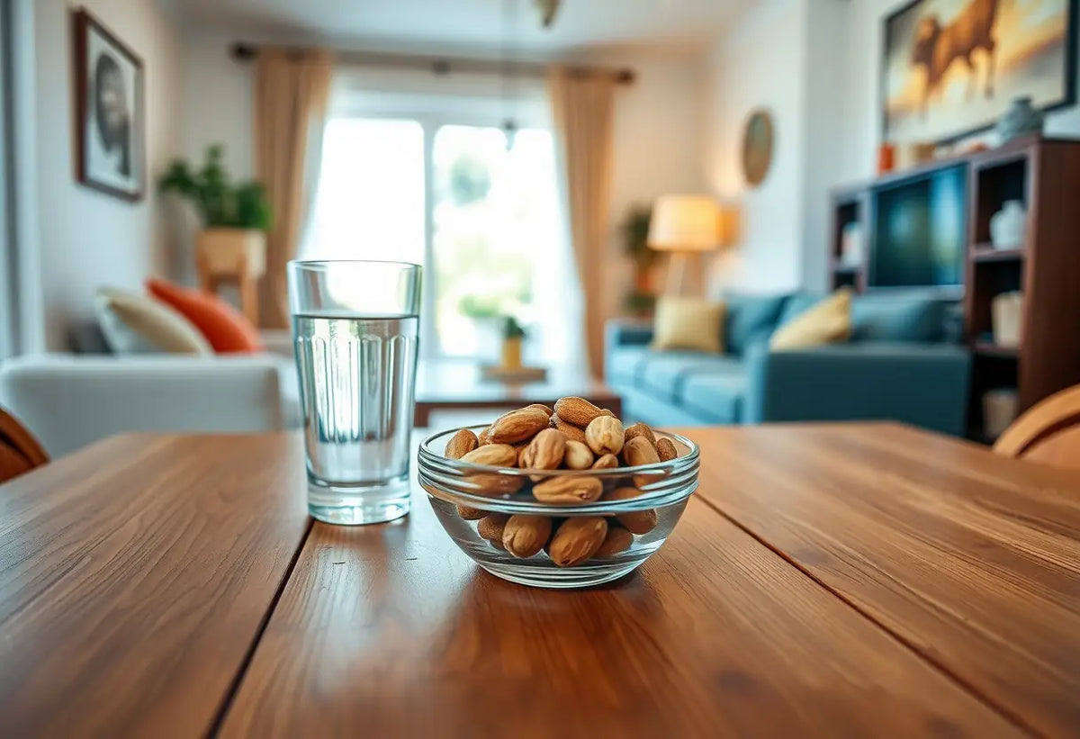 Un plateau de fruits secs et une carafe d'eau sur une table basse