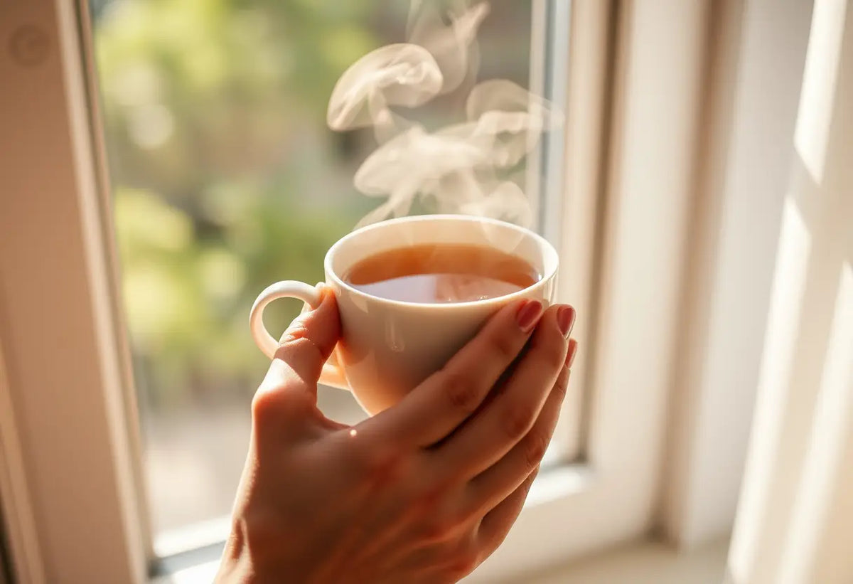 Une main tenant une tasse de thé chaud, éclairée par la lumière naturelle