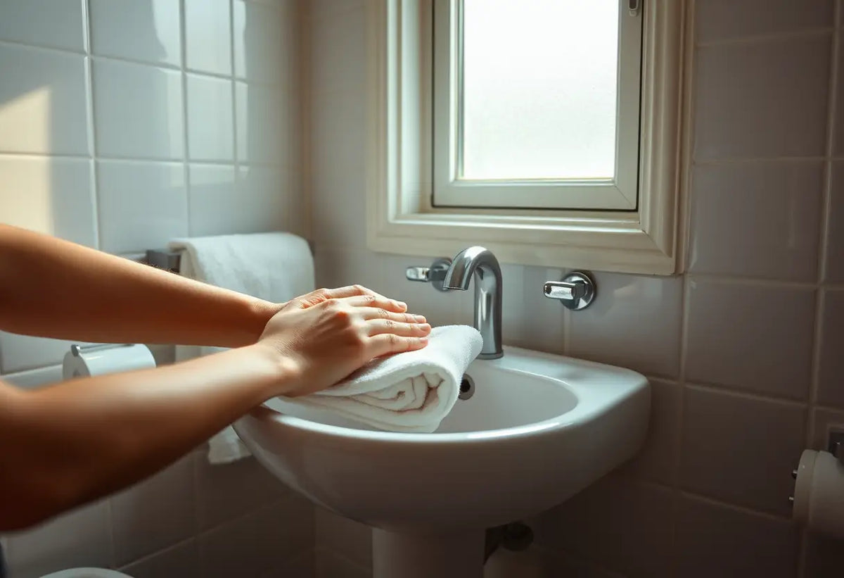 Des mains posent délicatement une serviette en coton blanc sur un lavabo en porcelaine dans une salle de bains, lumière naturelle