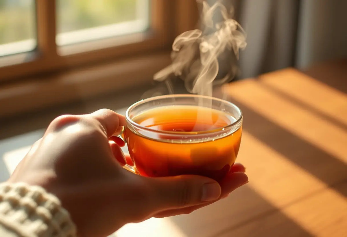 Une main tenant une tasse de thé chaud, dans une ambiance apaisante, relevant le thème de la guérison