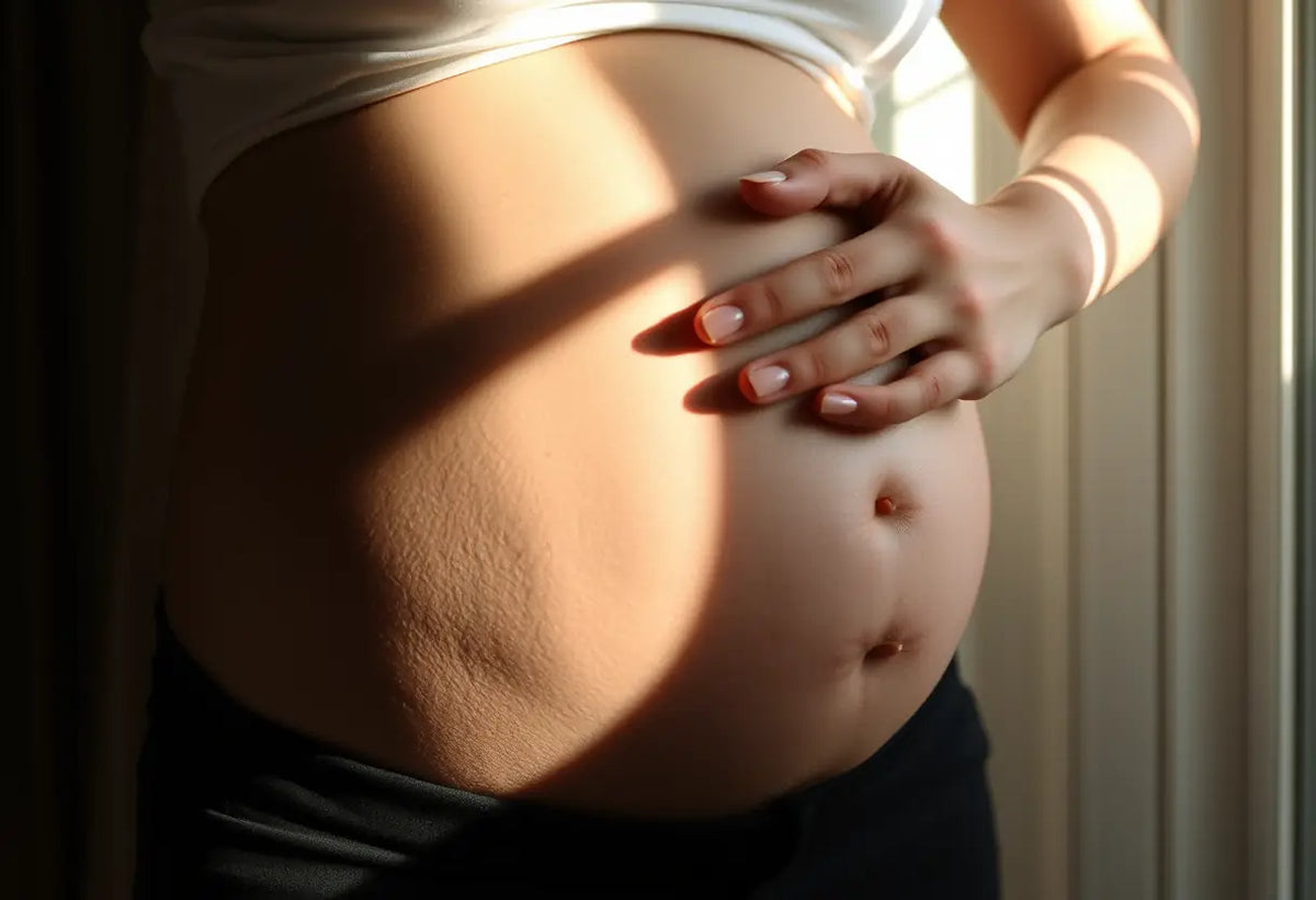 Main de femme sur son ventre arrondi, grossesse de jumaux