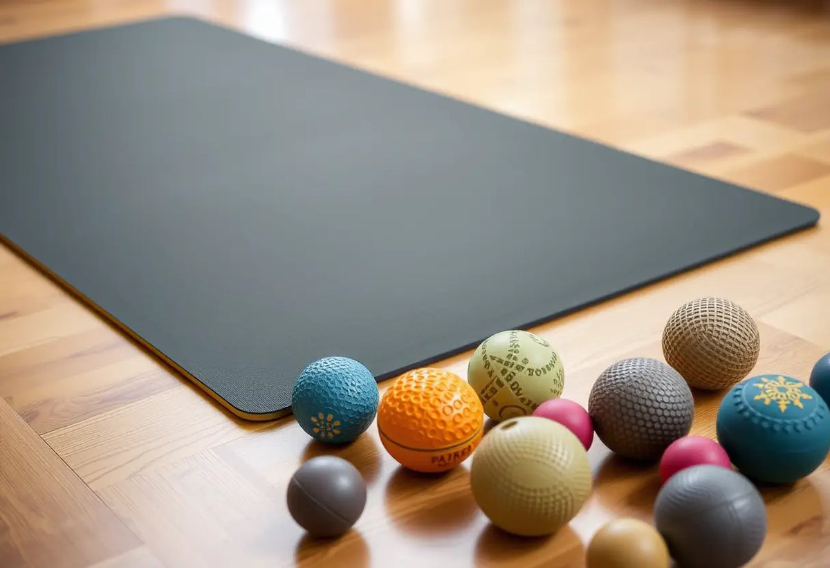 Un tapis de yoga rembourré avec des balles de massage disposées autour