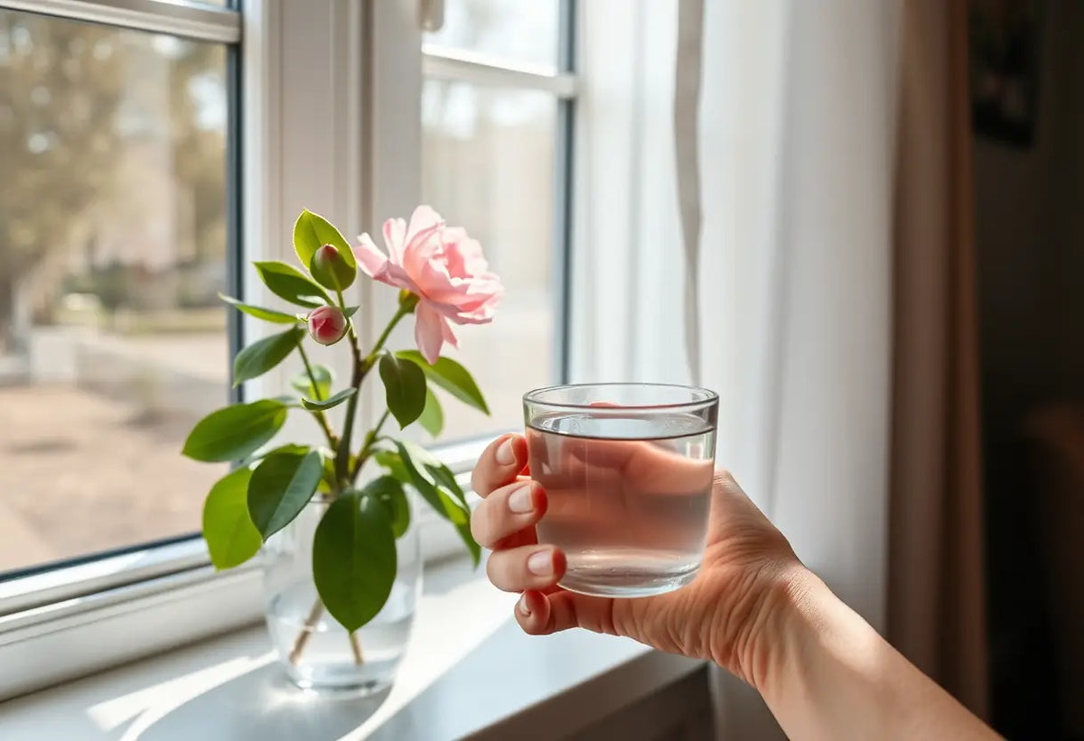 Une main tenant une tasse d'eau près d'une plante chez soi, lumière naturelle