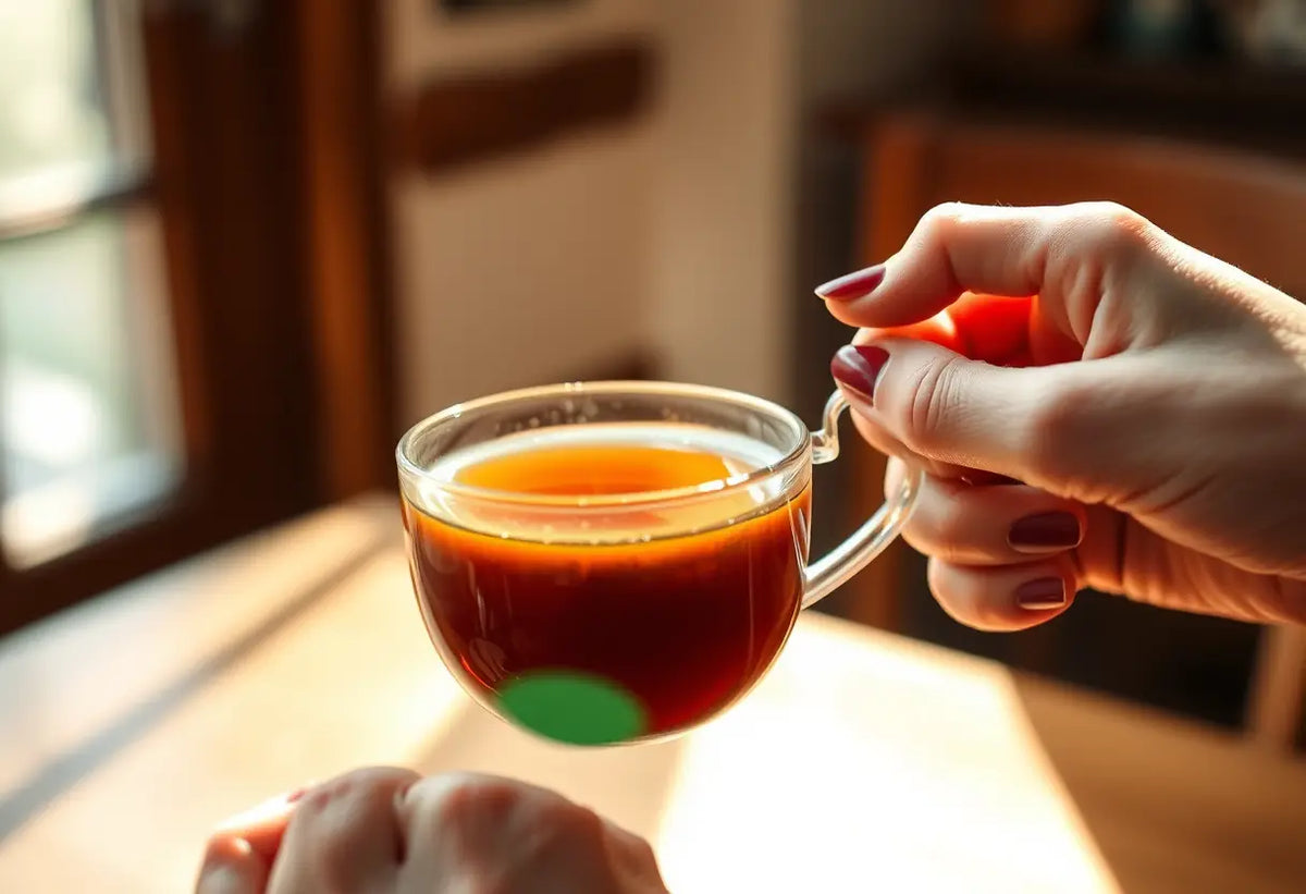 Une main tenant une tasse de thé chaud, lumière naturelle