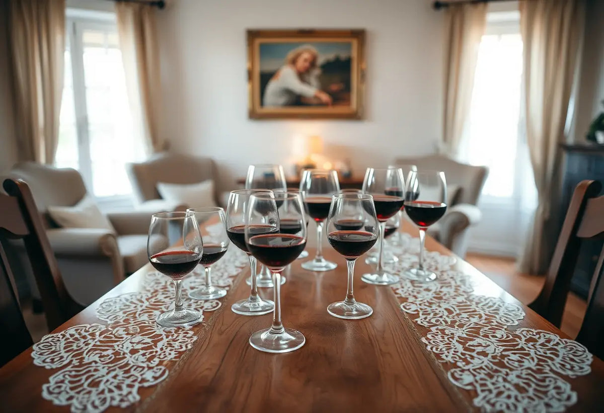 Un couvert pour deux personnes avec du vin rouge sur une table de salon