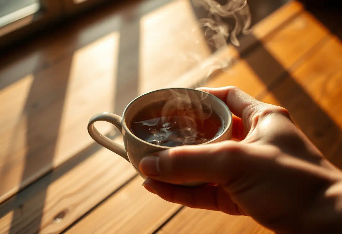 Une main tenant une tasse de thé herbeux, éclairée par la lumière du soleil