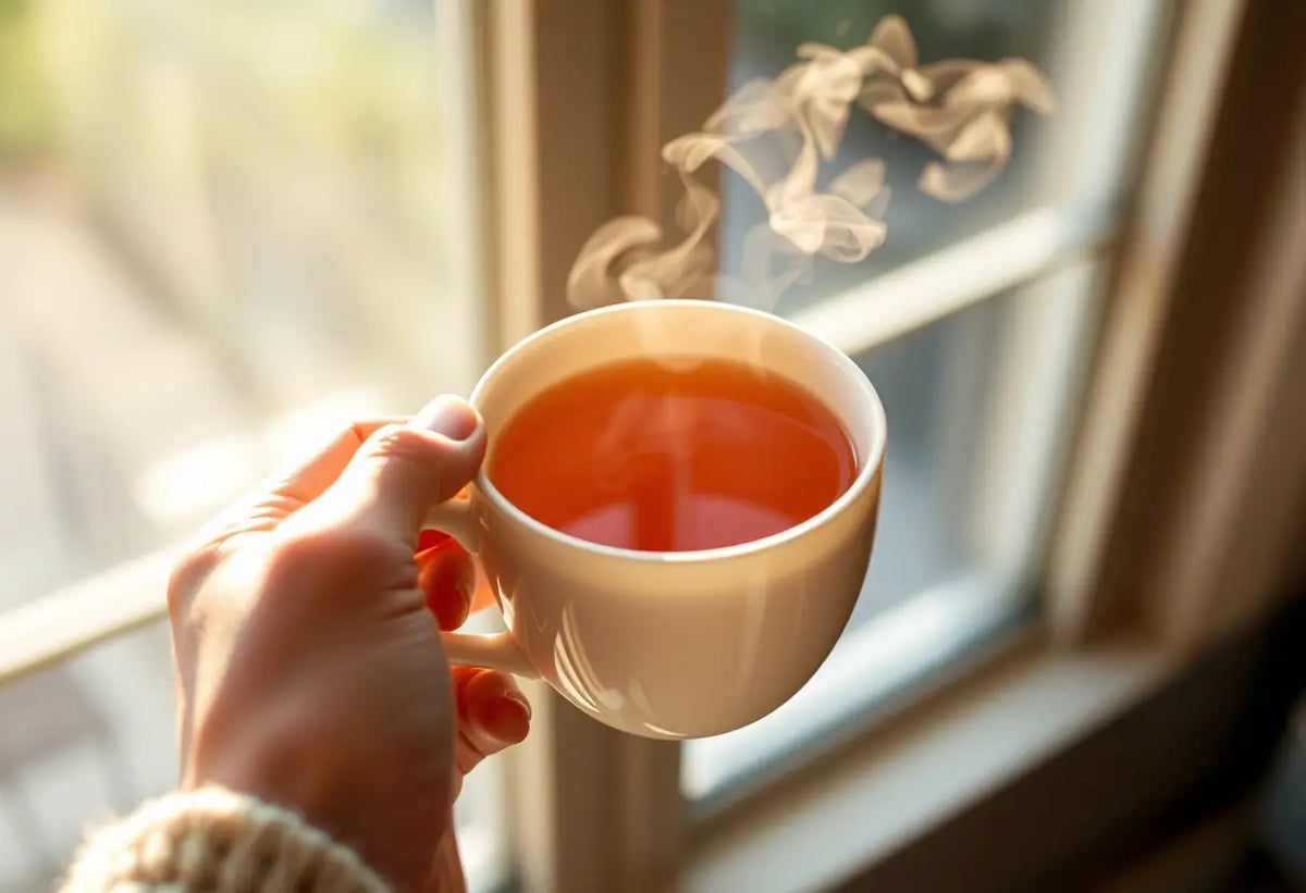 Une main tenant une tasse de thé herbagé, éclairée par la lumière naturelle, rappelant la douceur de la reconquête.