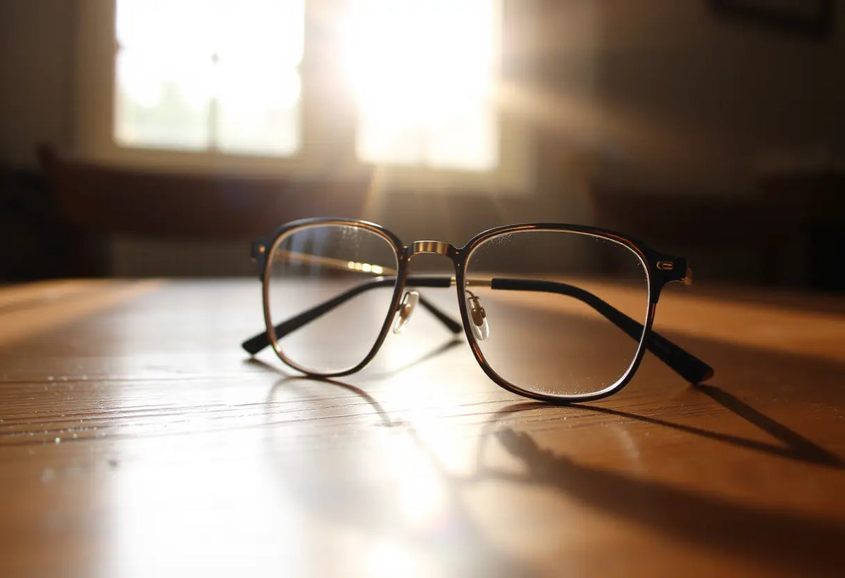 Lunettes posées sur une table avec la lumière du soleil