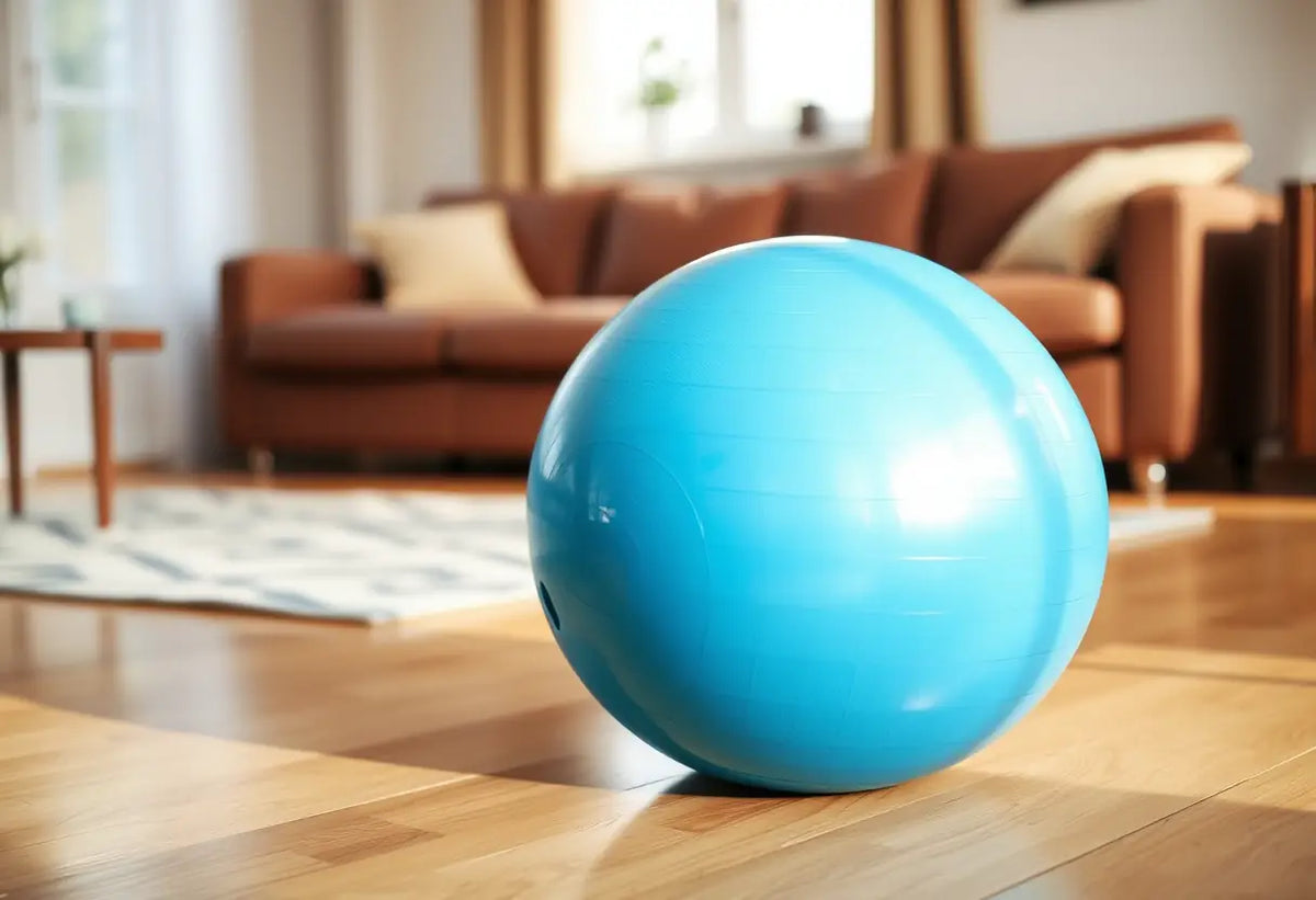 Un ballon d'exercice bleu posé sur un plancher en bois, représentant la flexibilité nécessaire à la rééducation