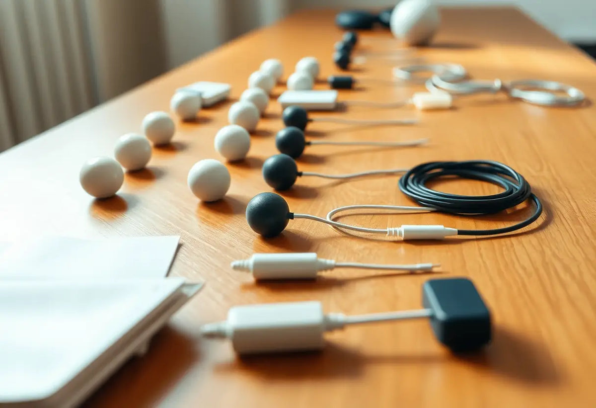 Des outils thérapeutiques sur une table, y compris des petites balles et des électrodes