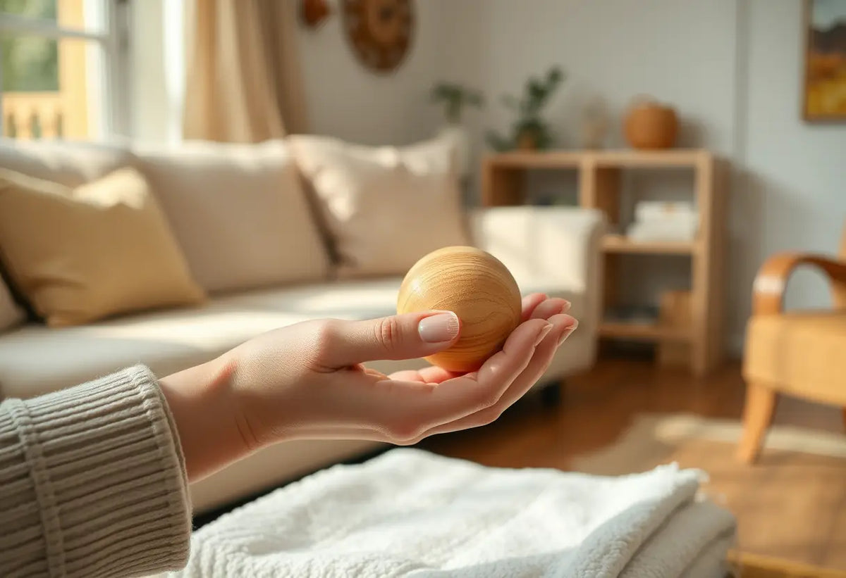 Main de femme tenant une balle en bois ronde