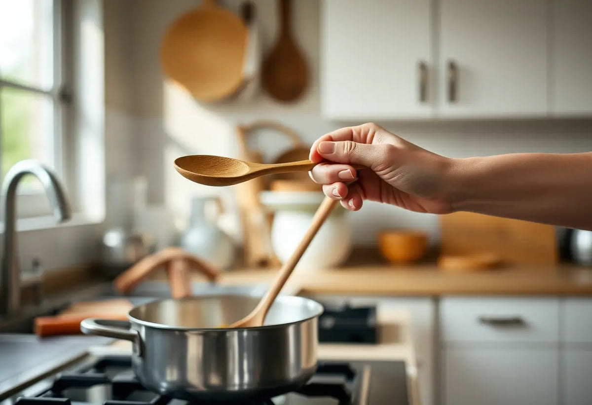 Une main féminine tient une cuillère en bois dans une cuisine lumineuse, symbolisant l'importance de l'alimentation pendant la rééducation.