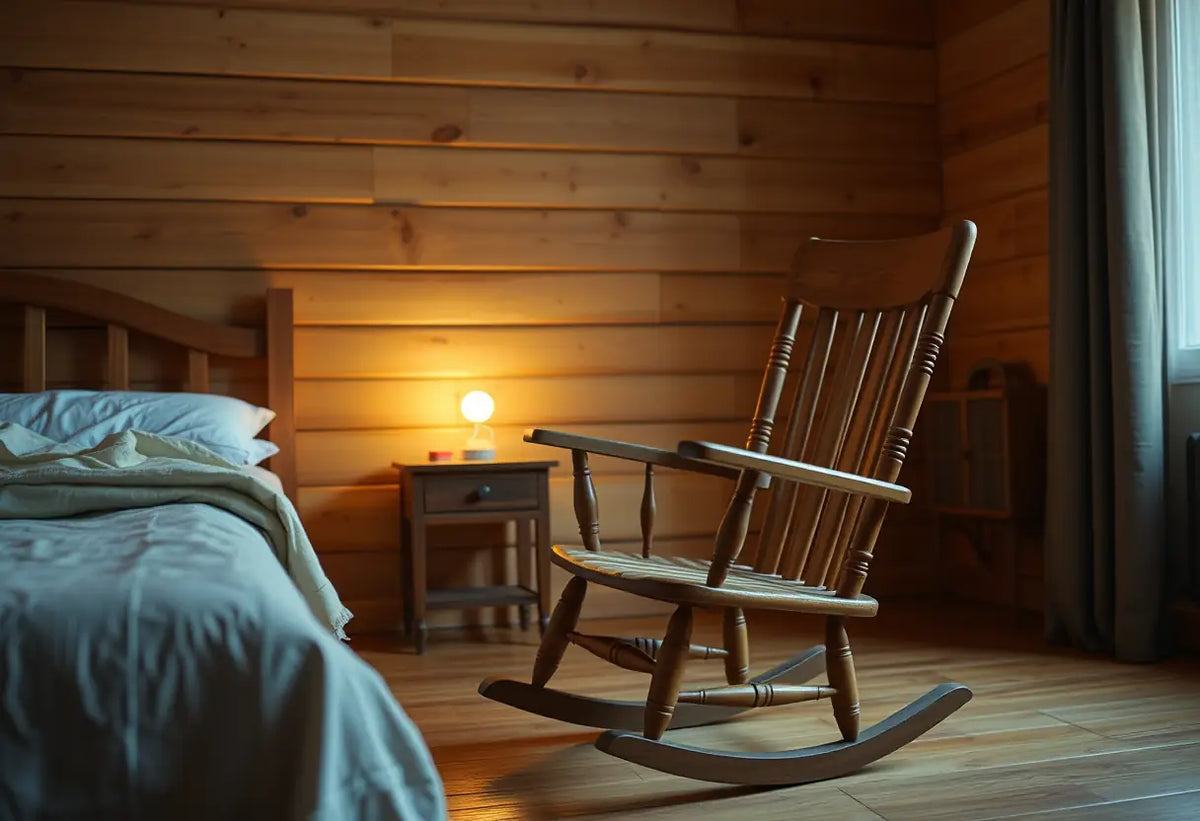 Un fauteuil à bascule dans une chambre douillette, éclairée par une petite veilleuse, lumière naturelle