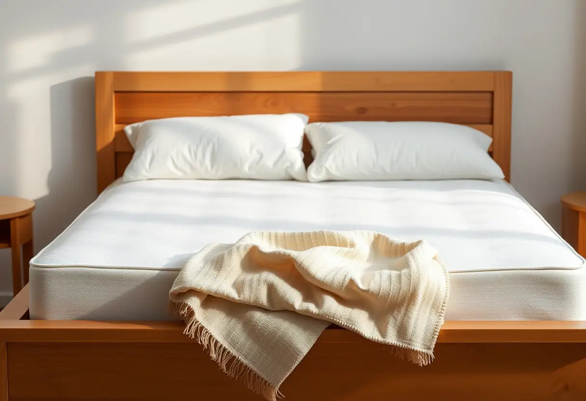 Un cadre de lit en bois avec un matelas dans une chambre légèrement éclairée