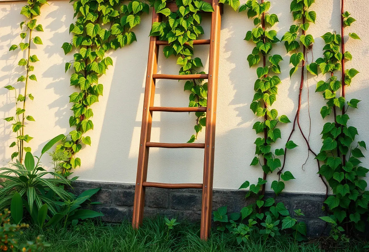 Un échafaudage contre un mur dans un jardin fleuri au matin