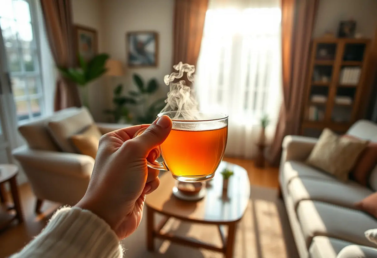 Une main tenant une tasse de thé herbeux dans un salon accueillant, lumière naturelle filtrée par les rideaux