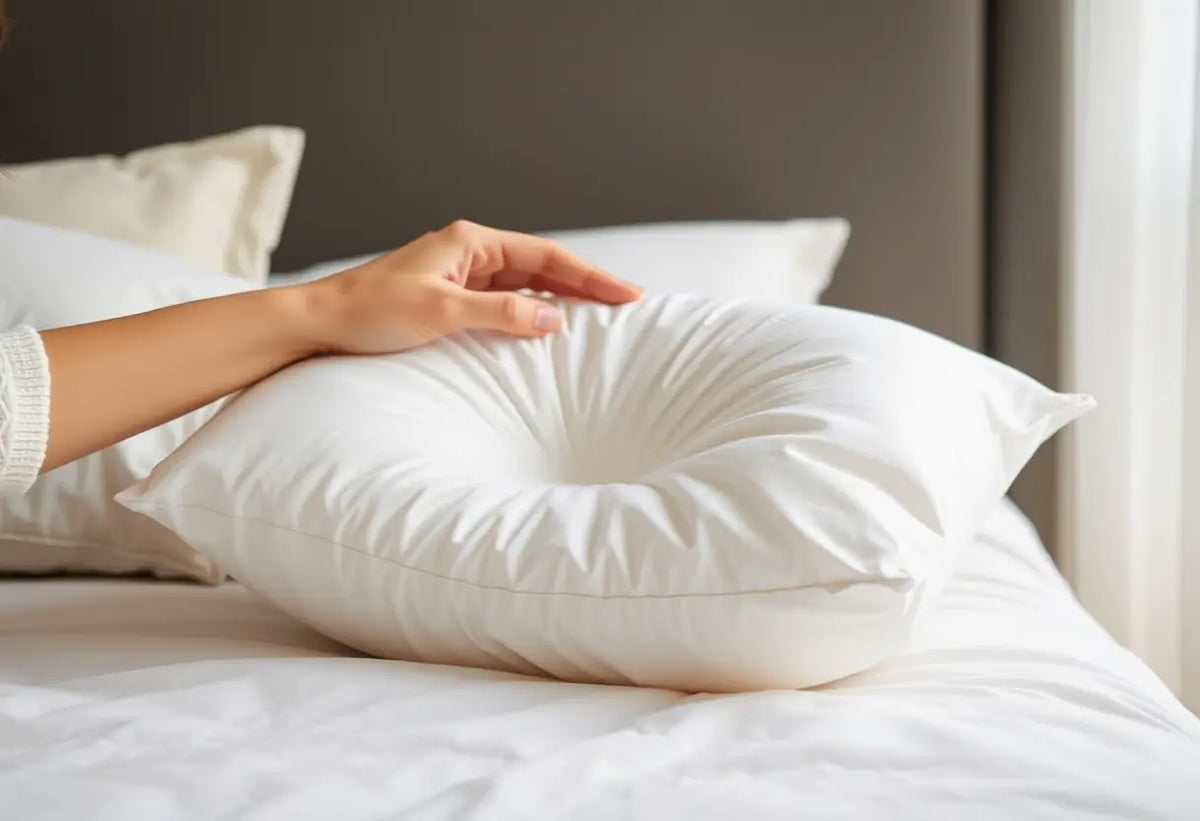 Une main posant doucement un oreiller, symbole de confort et de repos