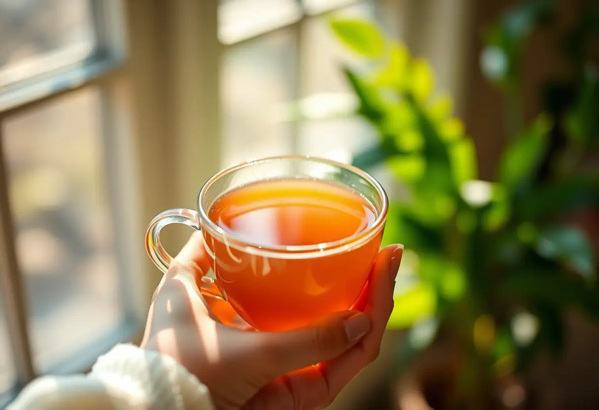 Une main féminine tient une tasse de thé aromatique, éclairée par la lumière du soleil.