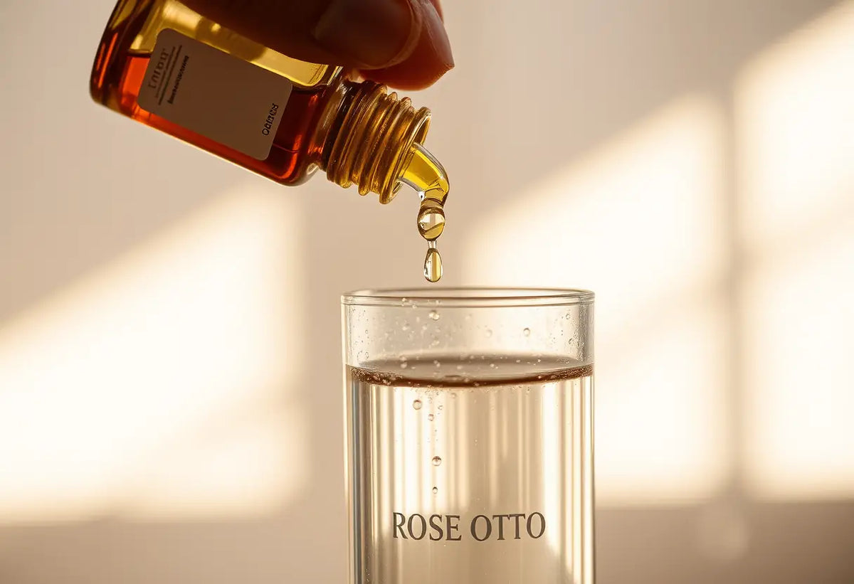 Une main verse de l'huile essentielle de rose otto dans une bouteille de verre remplie d'eau