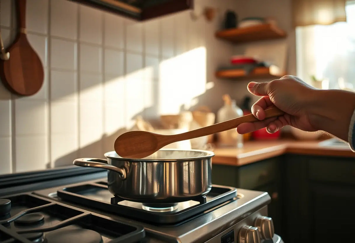 Une main tenant une cuillère en bois au-dessus d'une marmite sur une cuisinière, symbolisant le confort et la chaleur du foyer