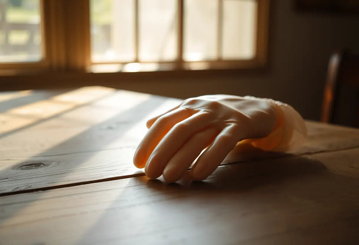 gants en latex posés sur une table, lumière naturelle