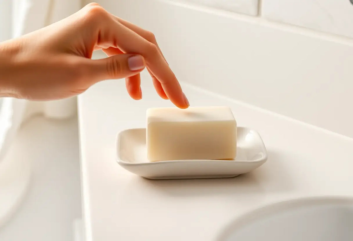 Une main posant un savon rectangulaire dans un petit bol céramique, sur une étagère avec une serviette blanche.