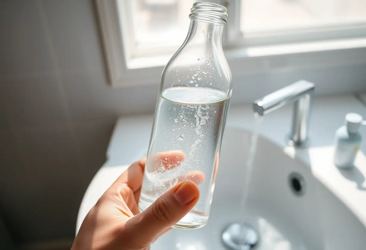 Une main tenant une bouteille de liquide clair dans une salle de bains