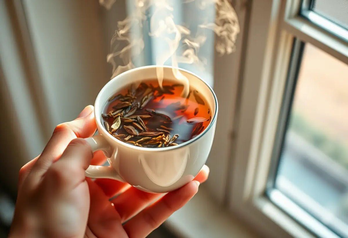 Une main tenant une tasse de thé aux herbes, lumière naturelle