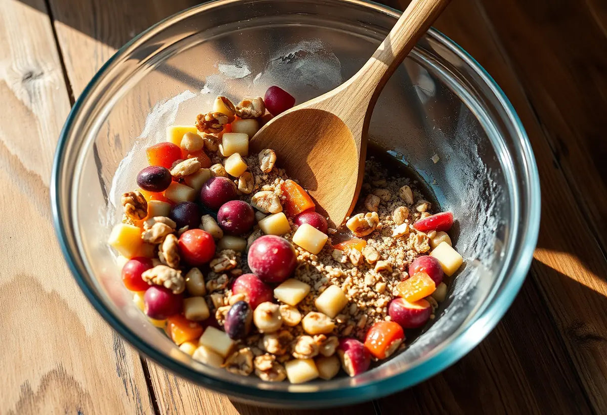 Un plan focal sur une cuillère en bois qui mélange une salade de fruits et de noix dans un bol en verre