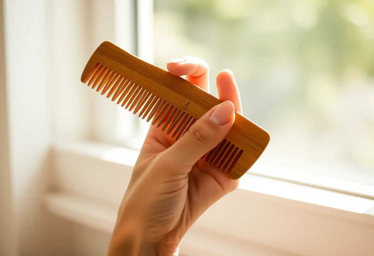 Une main féminine tient délicatement un peigne en bois