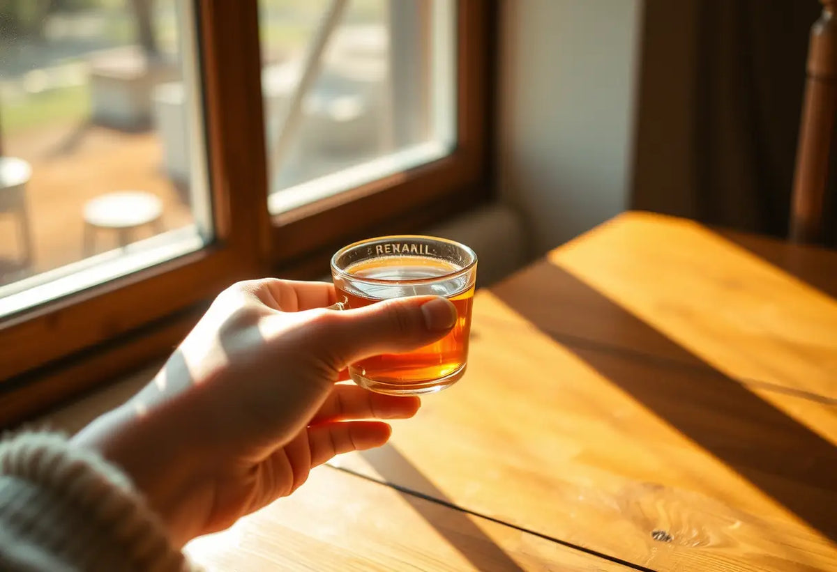 Une main tenant une tasse de thé aux herbes, éclairée par la lumière du soleil qui filtre à travers une fenêtre.