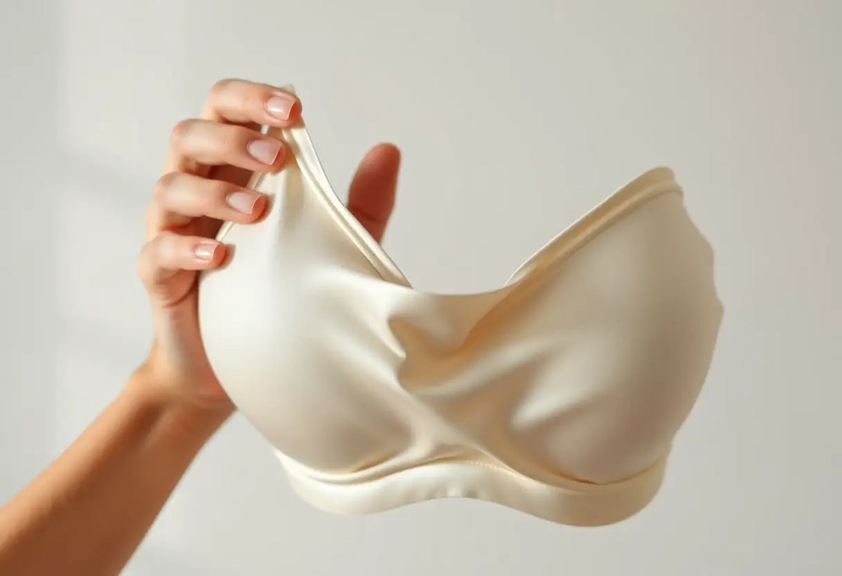 Une main lisse le sein d'un soutien-gorge en soie, mettant en valeur sa forme fluide et sans couture