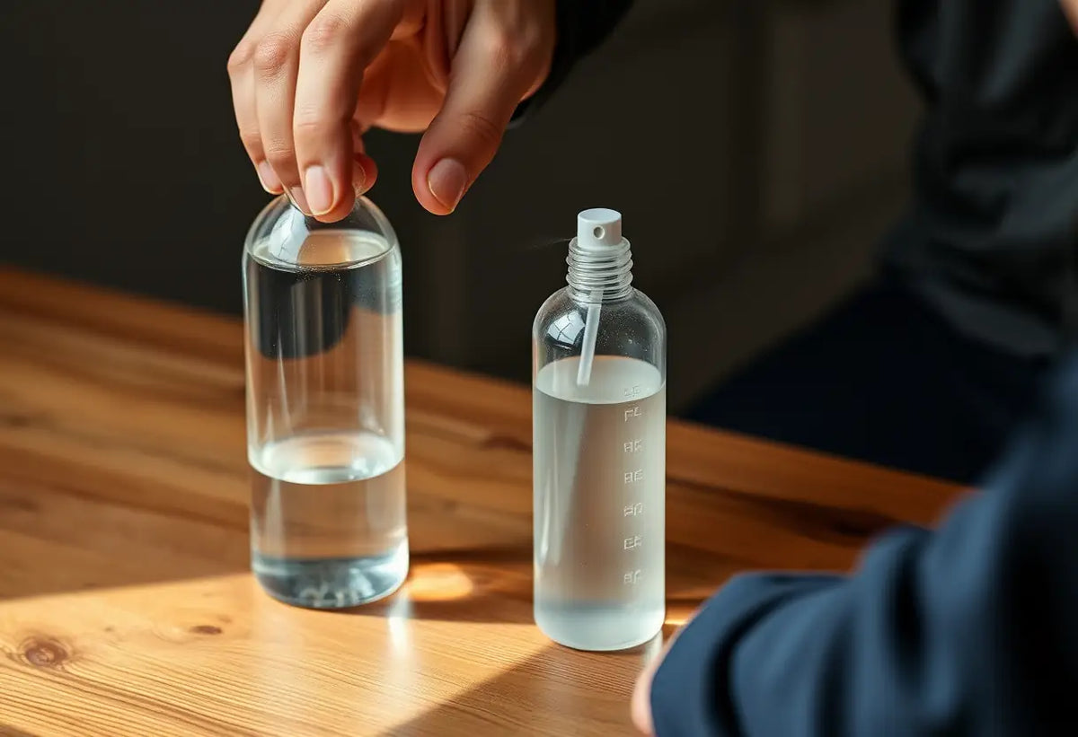 Une main tenant un petit pulvérisateur avec une bouteille de liquide clair près d'elle, sujet contraception masculine