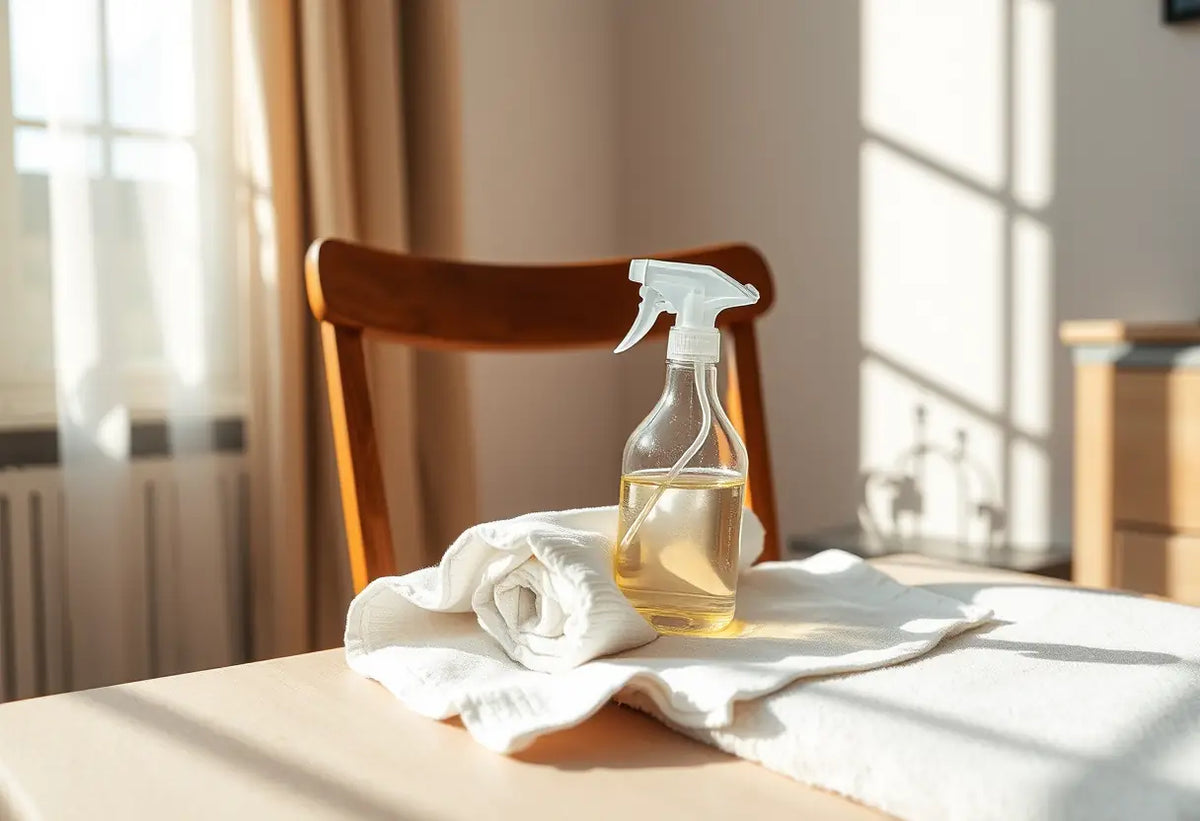 Image d'un siège avec un flacon de spray et un torchon dans un salon
