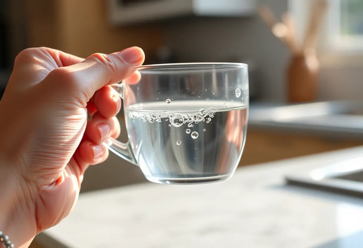 Main photo d'une main tenant un verre d'eau dans la cuisine