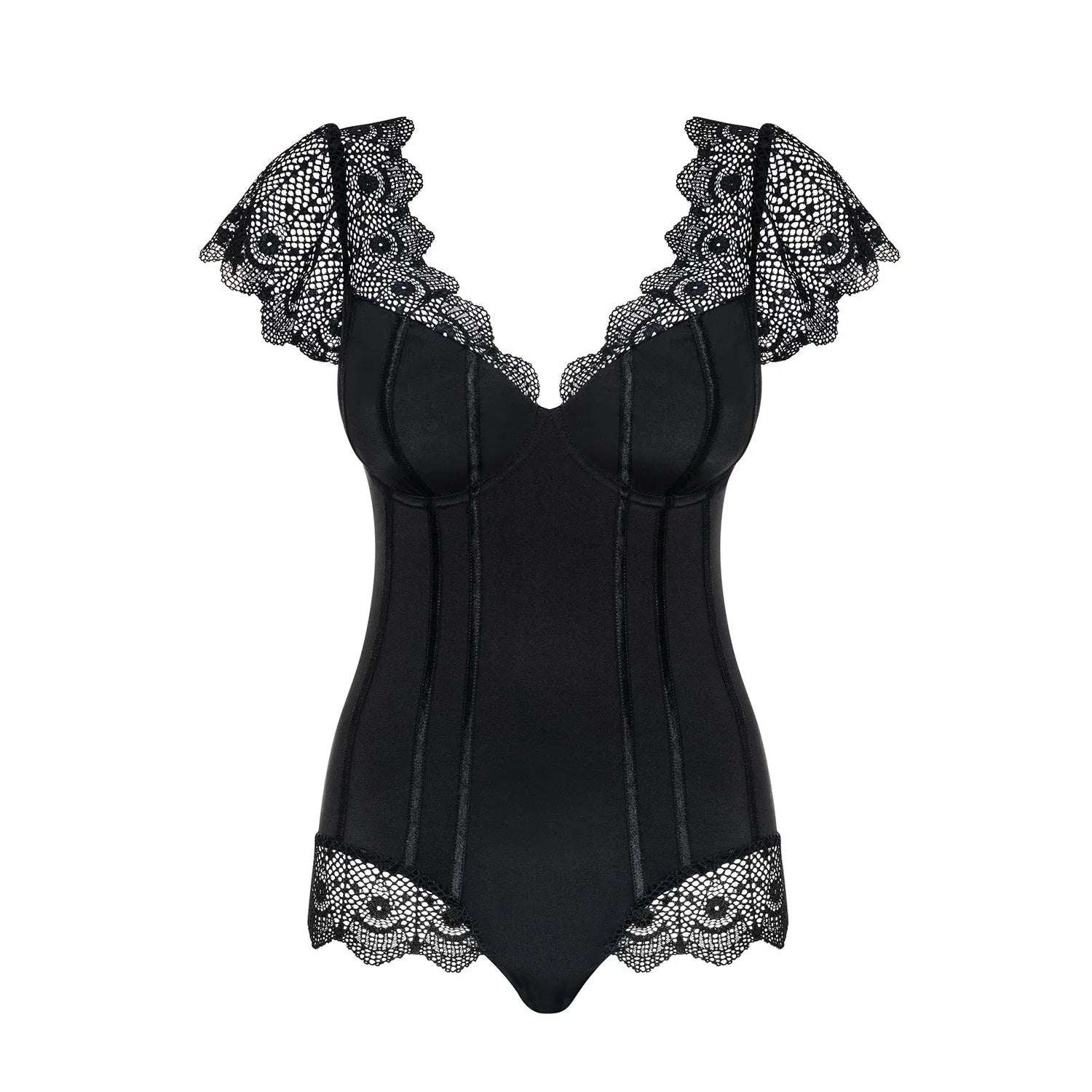 Body noir dentelle avec armatures, décolleté réglable, lignes verticales brillantes, volants cuisses et épaules.
