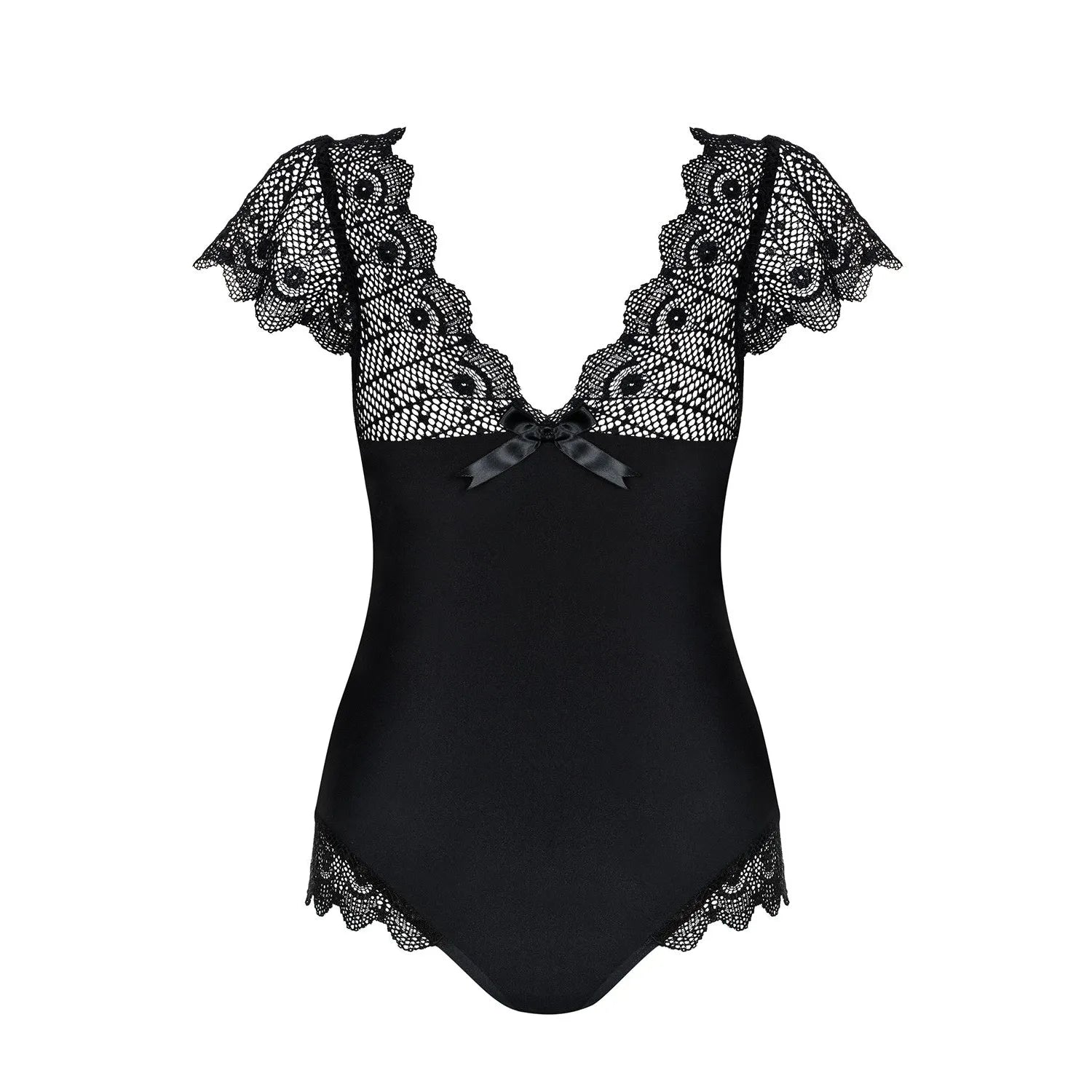Body noir dentelle avec armatures, décolleté réglable, volants aux cuisses et épaules, lignes verticales brillantes.
