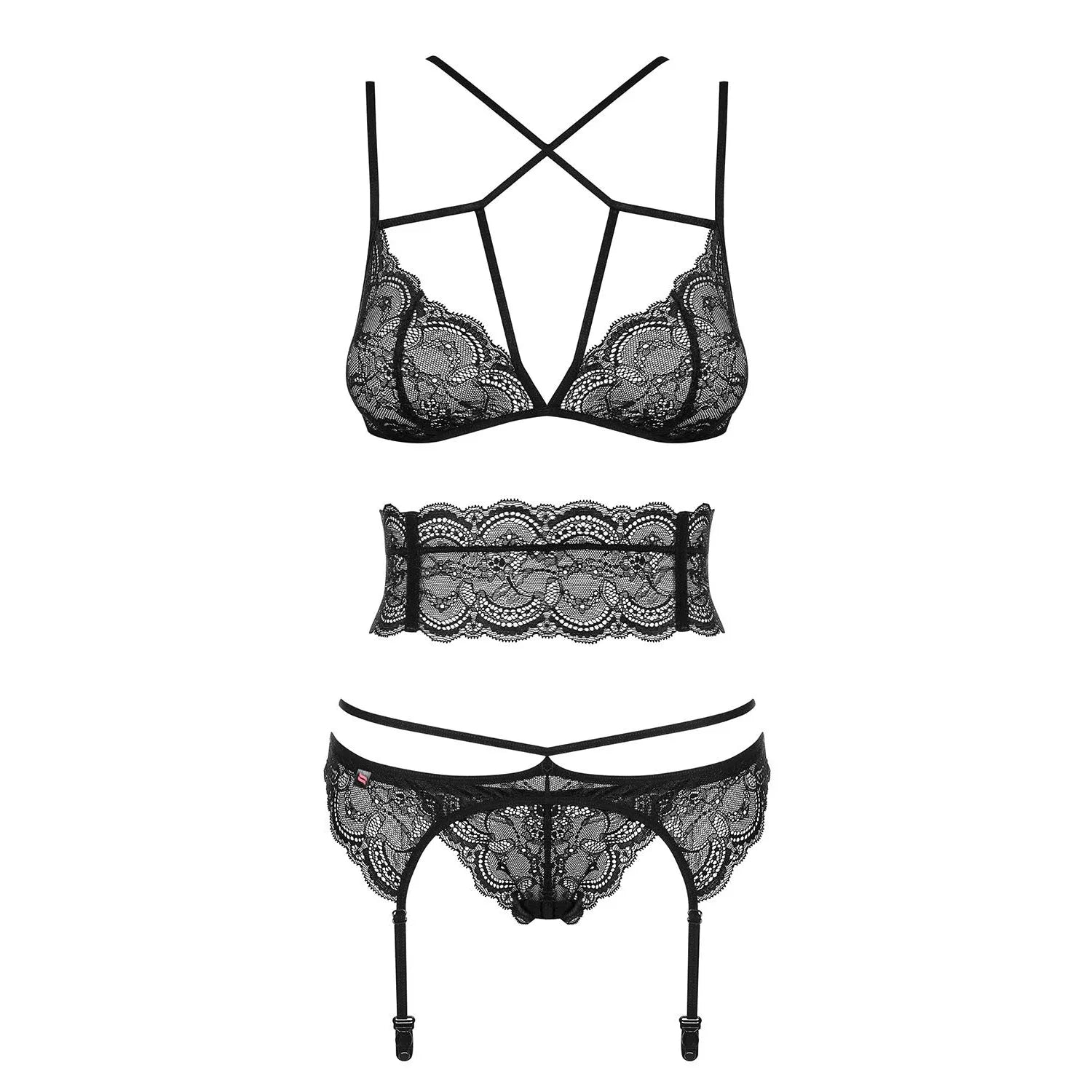 Ensemble lingerie dentelle noire 4 pièces, bretelles réglables, design résille, maintien sculptant, allure glamour.